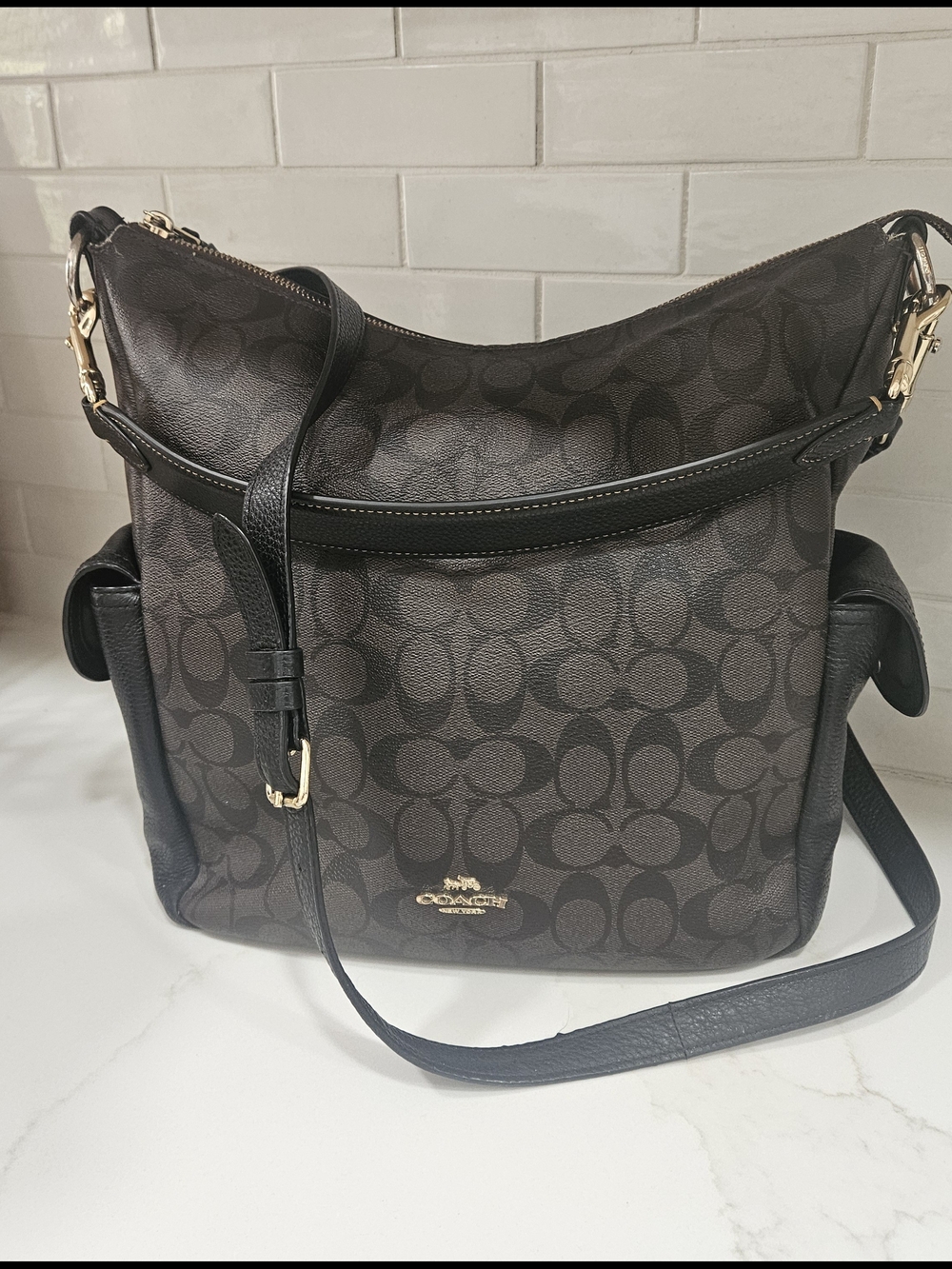 Coach Dark Brown and Black Signature Canvas Pennie Shoulder Bag